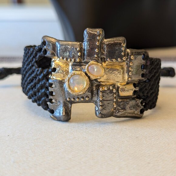 Cuff Sterling Silver and fiber with Opal-like stones - crafted one of a kind
